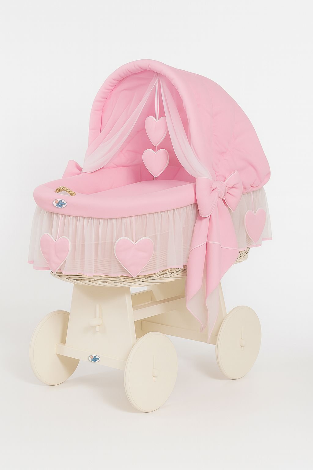 Moses Basket Wicker hood crib Amelie - white + pink bedding