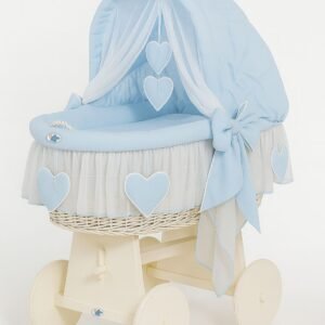 Moses Basket Wicker hood crib Amelie - white + blue bedding