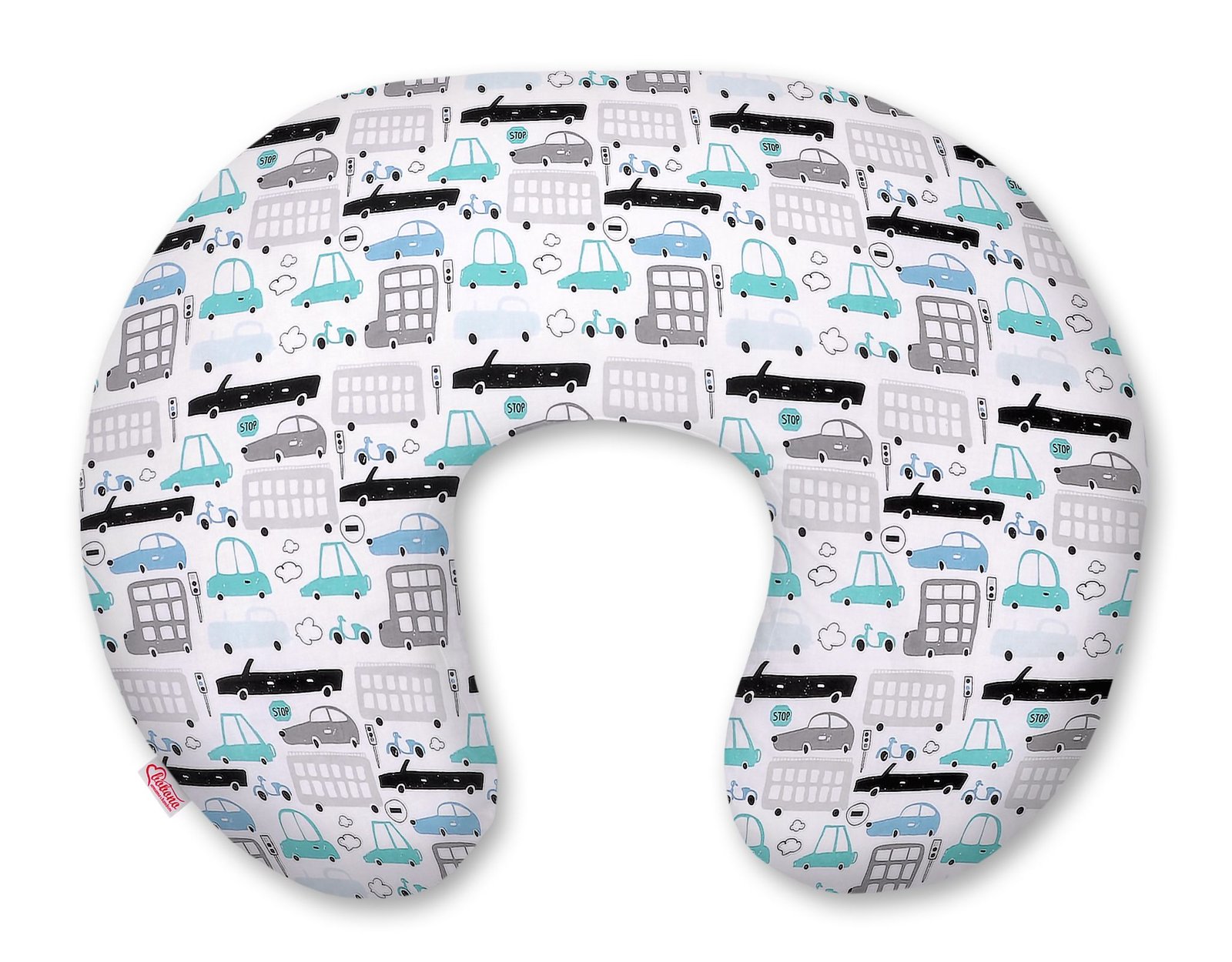Breastfeeding Pillow Nursing Croissant Pillow, removable, Hands-Free Feedin- gray and turquoise cars