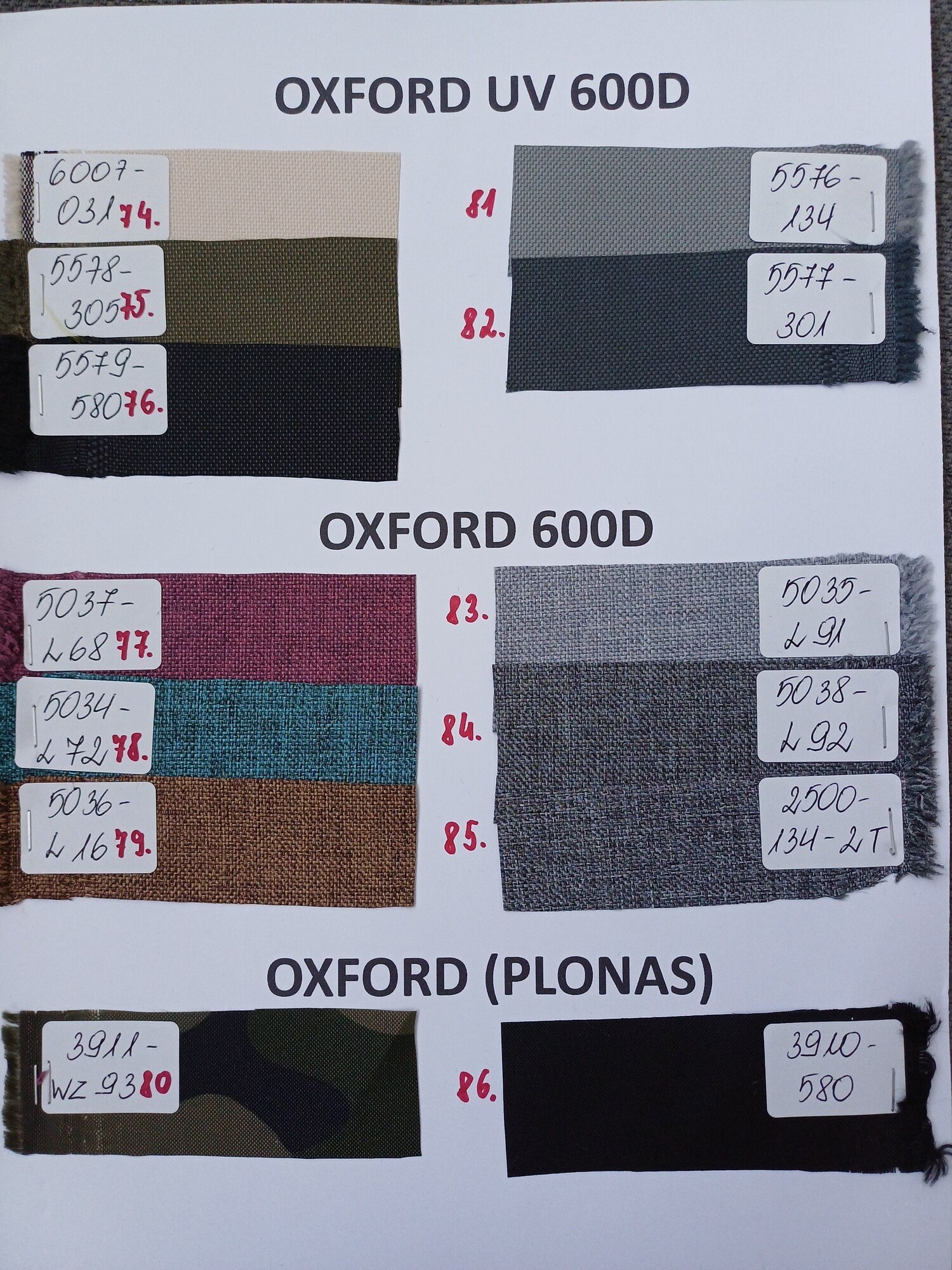 Audinio spalvos Nr. 74–86 · Oxford UV 600D, Oxford 600D ir Oxford (plonas)
