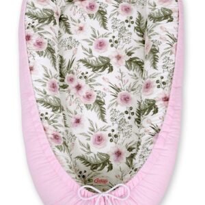 Kūdikio lizdas dvipusis Premium Cocoon naujagimiams MY SWEET BABY - bijūnų gėlė rožinė/rožinė