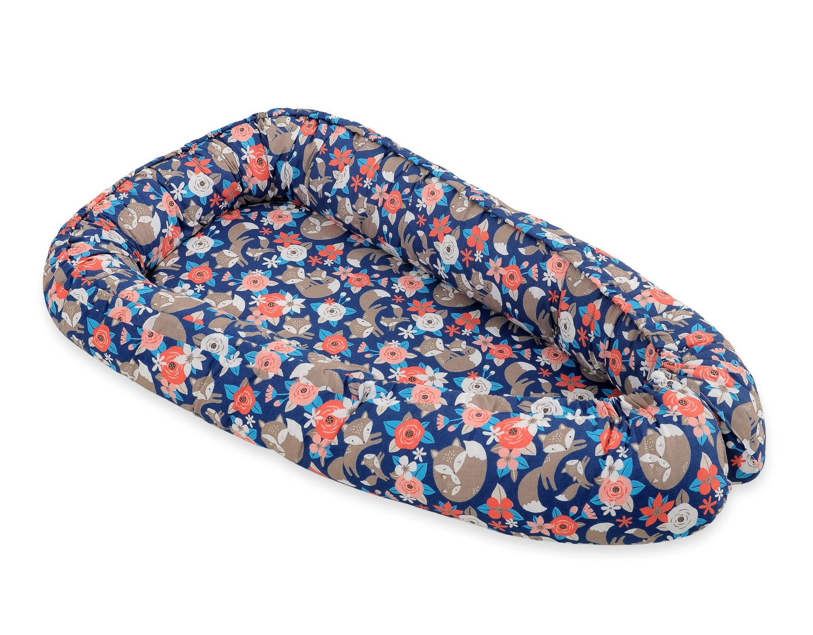 Kūdikio lizdas dvipusis Premium Cocoon naujagimiams BOBONO - lapių šeima mėlyname fone - Image 4