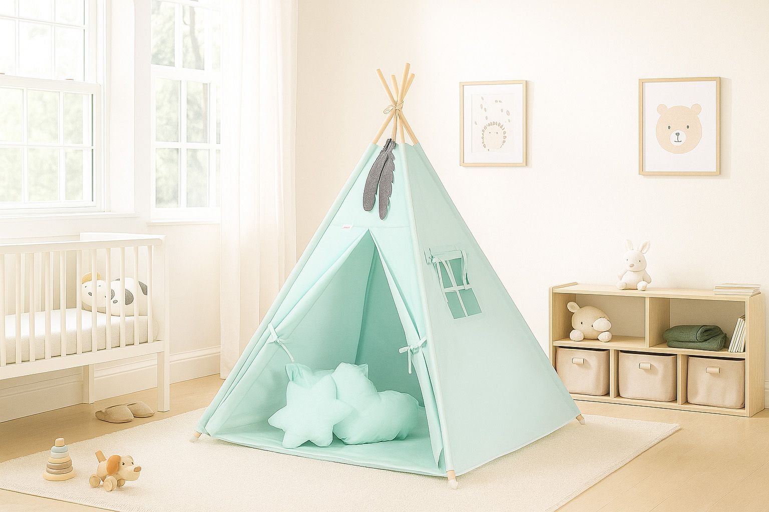 Tipi palapinė vaikams + dekoratyvinės plunksnos - mėtos spalvos - Image 2