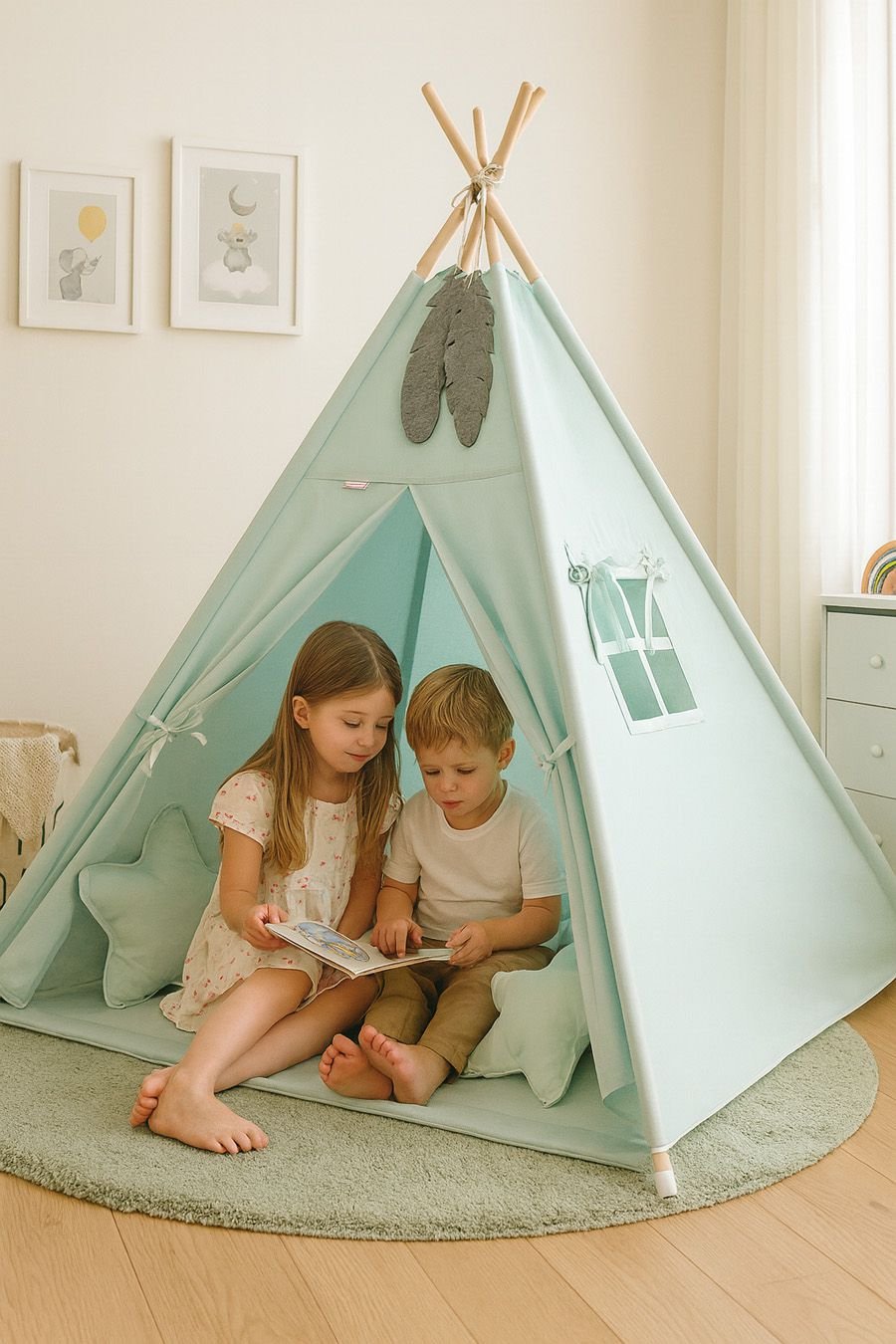 Tipi palapinė vaikams + dekoratyvinės plunksnos - mėtos spalvos - Image 3