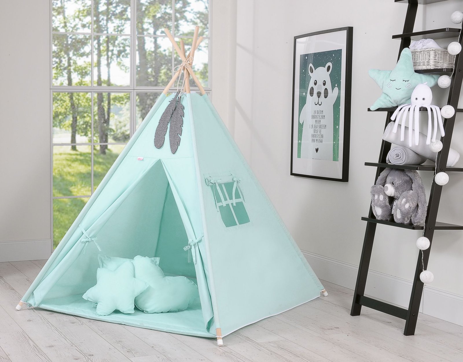 Tipi palapinė vaikams + dekoratyvinės plunksnos - mėtos spalvos - Image 4
