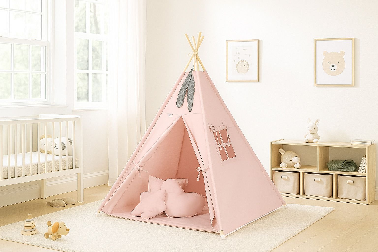 Tipi palapinė vaikams + žaidimo kilimėlis + dekoratyvinės plunksnos - pastelinė rožinė - Image 3