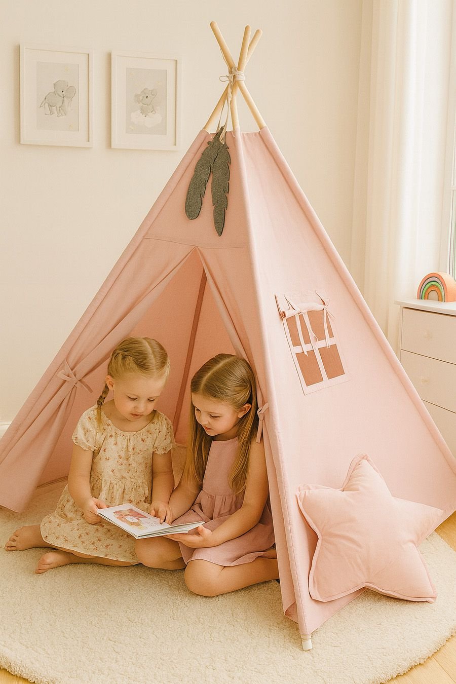 Tipi palapinė vaikams + žaidimo kilimėlis + pagalvėlės + dekoratyvinės plunksnos - pastelinė rožinė - Image 4