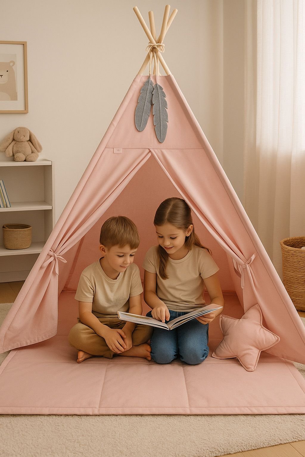 Tipi palapinė vaikams + žaidimo kilimėlis + pagalvėlės + dekoratyvinės plunksnos - pastelinė rožinė - Image 5