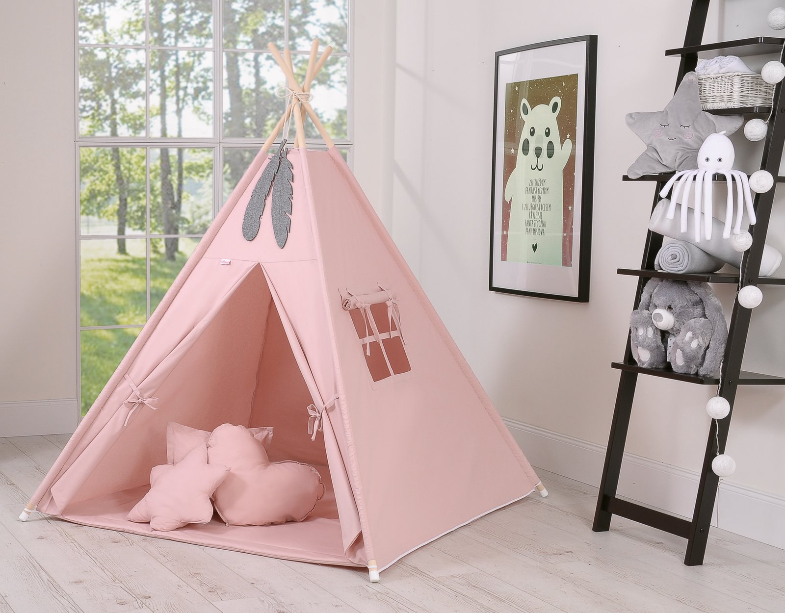 Tipi palapinė vaikams + žaidimo kilimėlis + pagalvėlės + dekoratyvinės plunksnos - pastelinė rožinė - Image 7