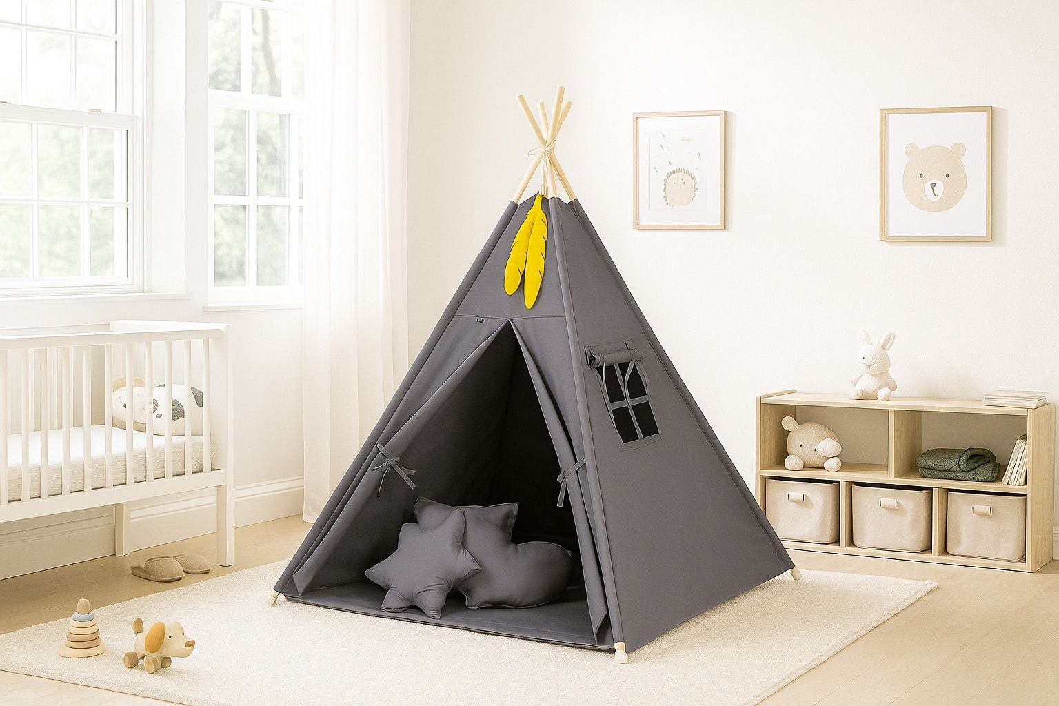 Tipi palapinė vaikams + dekoratyvinės plunksnos - antracito spalvos - Image 2