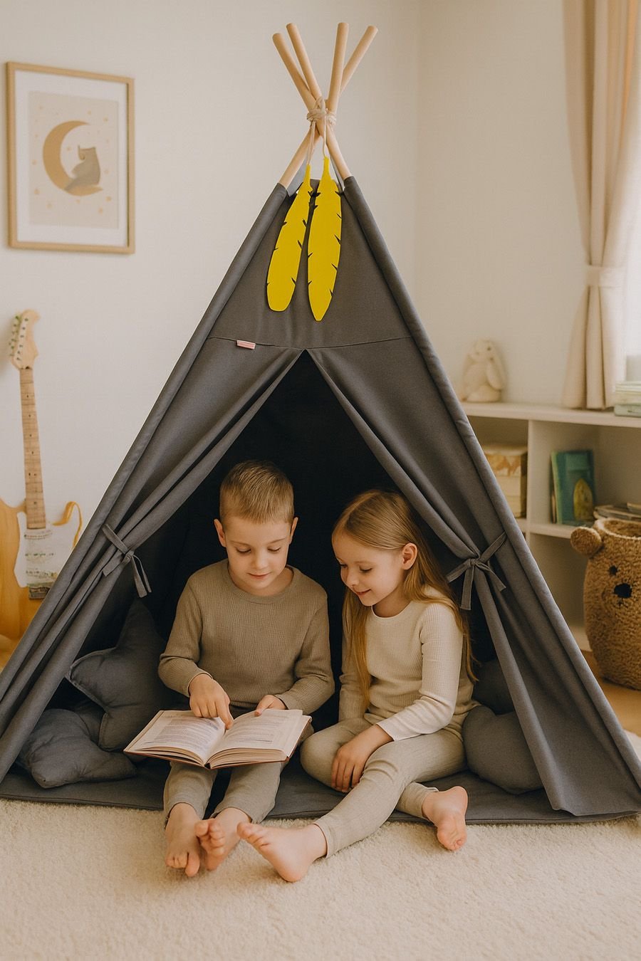 Tipi palapinė vaikams + žaidimo kilimėlis + pagalvėlės + dekoratyvinės plunksnos - antracito spalvos - Image 3