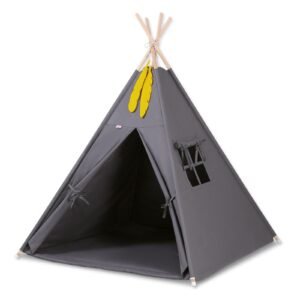 Tipi palapinė vaikams + žaidimo kilimėlis + dekoratyvinės plunksnos - antracito spalvos