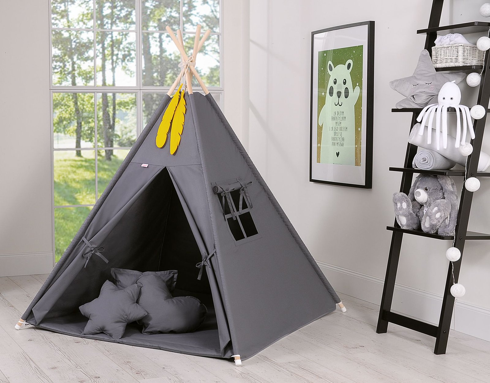 Tipi palapinė vaikams + žaidimo kilimėlis + pagalvėlės + dekoratyvinės plunksnos - antracito spalvos - Image 6
