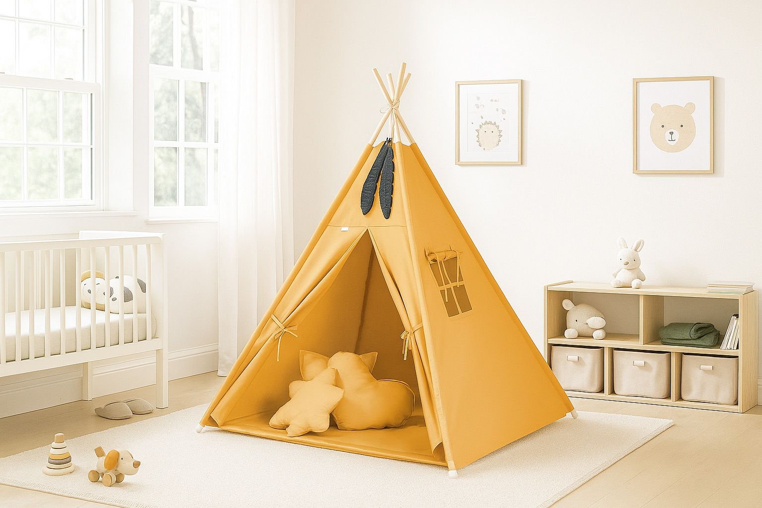 Tipi palapinė vaikams + žaidimo kilimėlis + pagalvėlės + dekoratyvinės plunksnos - medaus geltonumo - Image 3