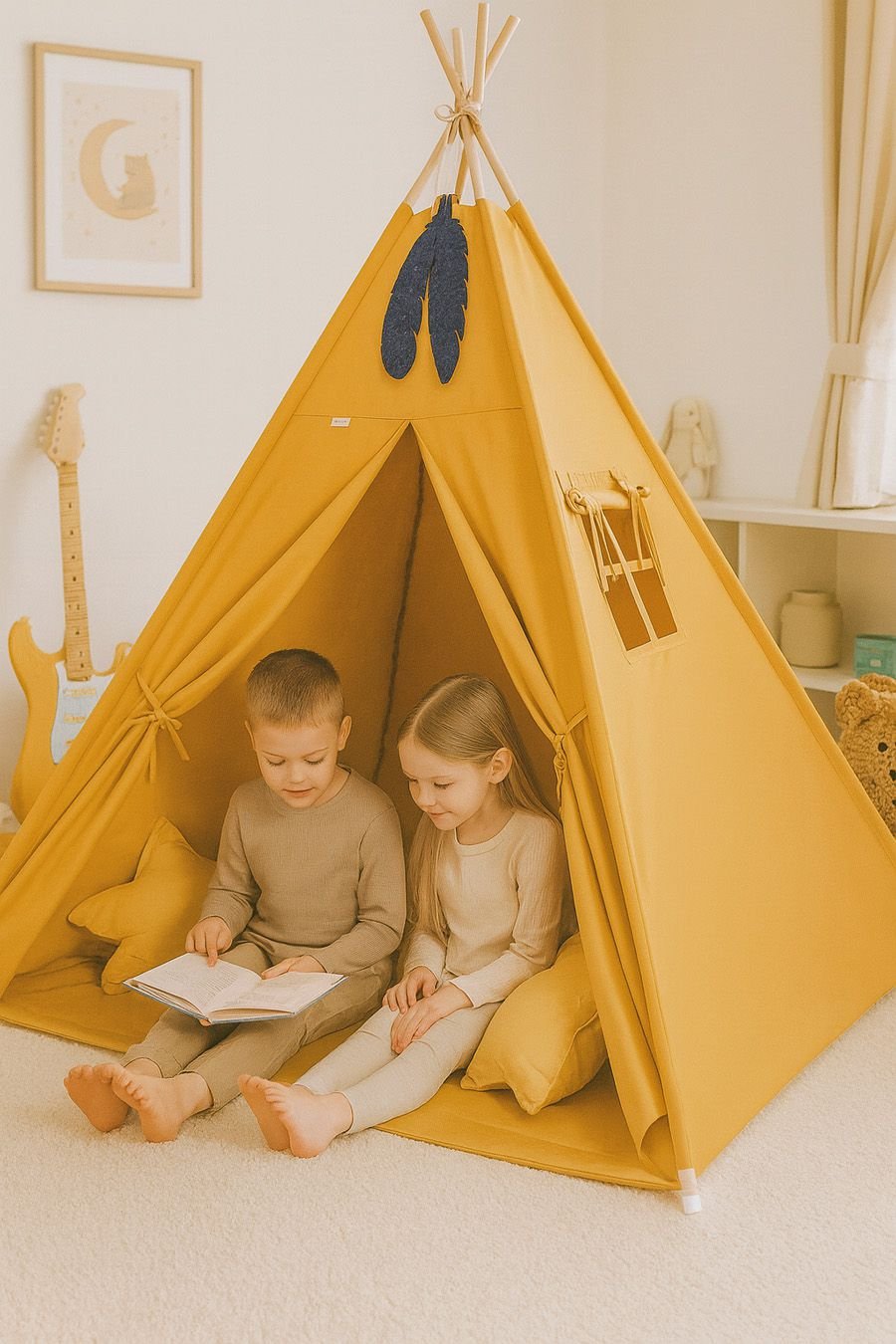 Tipi palapinė vaikams + žaidimo kilimėlis + pagalvėlės + dekoratyvinės plunksnos - medaus geltonumo - Image 4