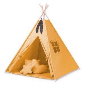 Tipi palapinė vaikams + žaidimo kilimėlis + pagalvėlės + dekoratyvinės plunksnos - medaus geltonumo
