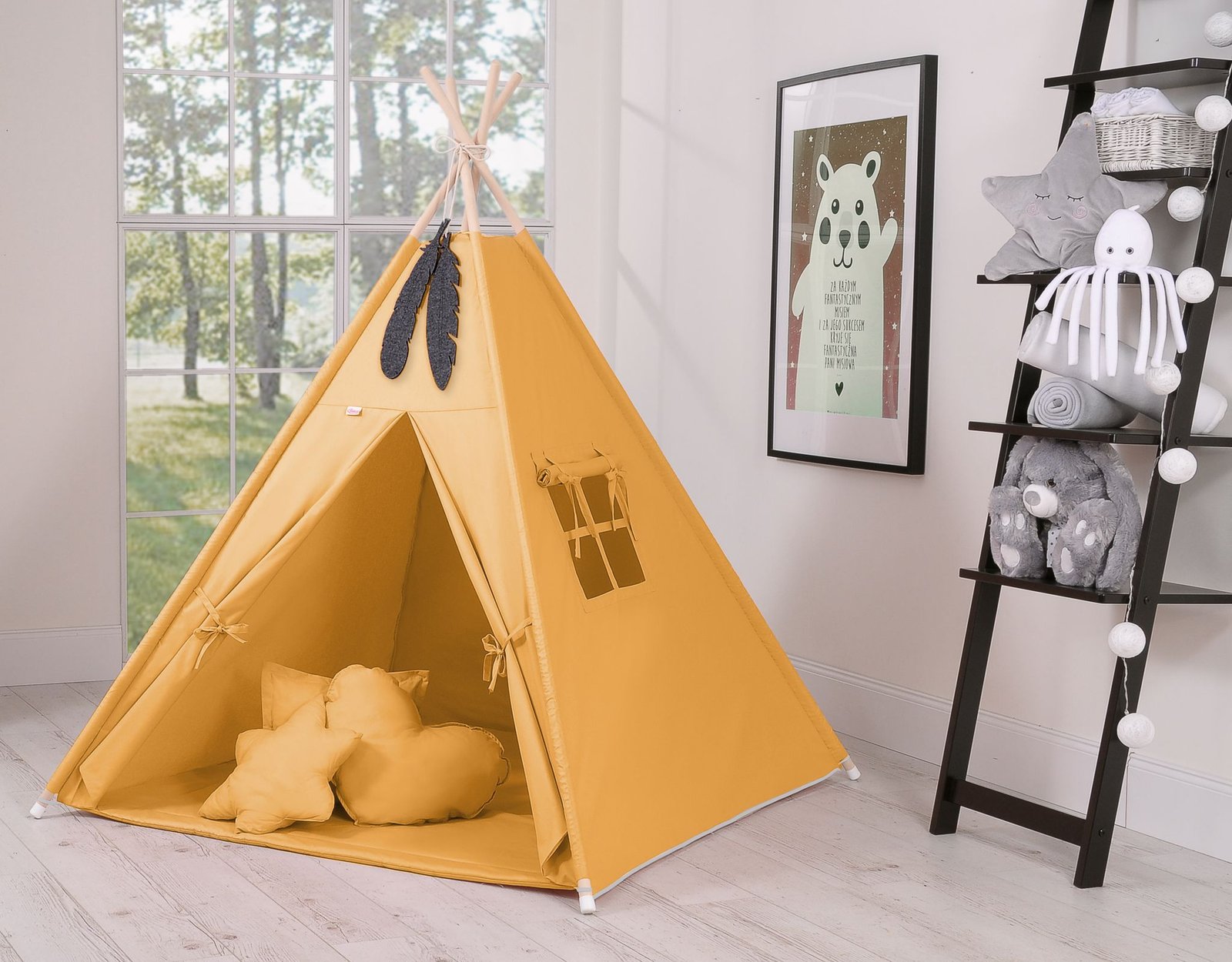 Tipi palapinė vaikams + žaidimo kilimėlis + pagalvėlės + dekoratyvinės plunksnos - medaus geltonumo - Image 6