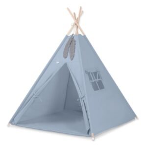 Tipi palapinė vaikams + žaidimo kilimėlis + dekoratyvinės plunksnos - pastelinė mėlyna