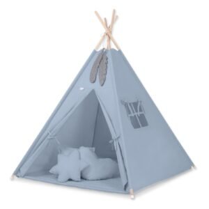 Tipi palapinė vaikams + žaidimo kilimėlis + pagalvėlės + dekoratyvinės plunksnos - pastelinė mėlyna