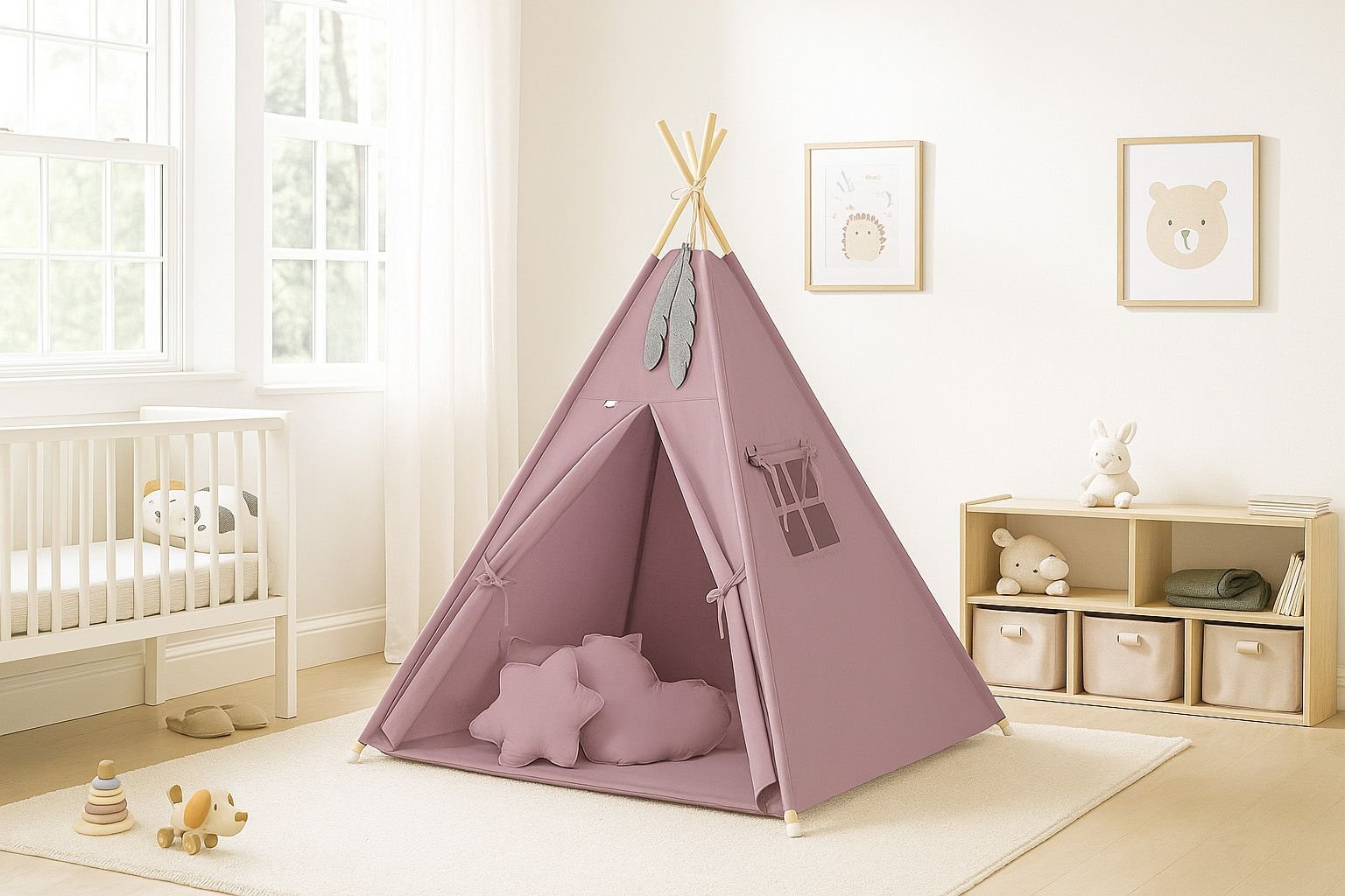 Tipi palapinė vaikams + dekoratyvinės plunksnos - pastelinė violetinė - Image 2
