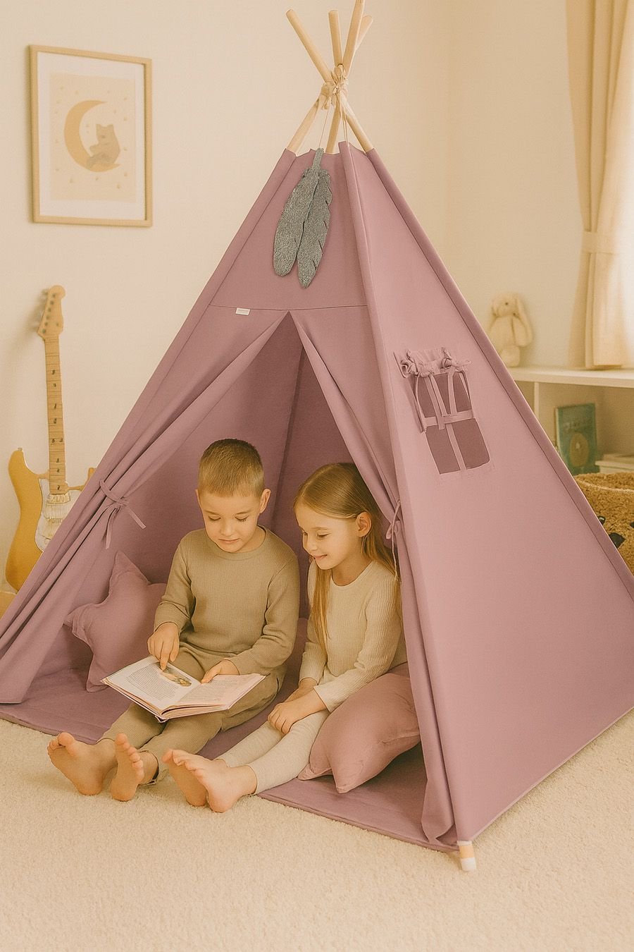 Tipi palapinė vaikams + dekoratyvinės plunksnos - pastelinė violetinė - Image 3