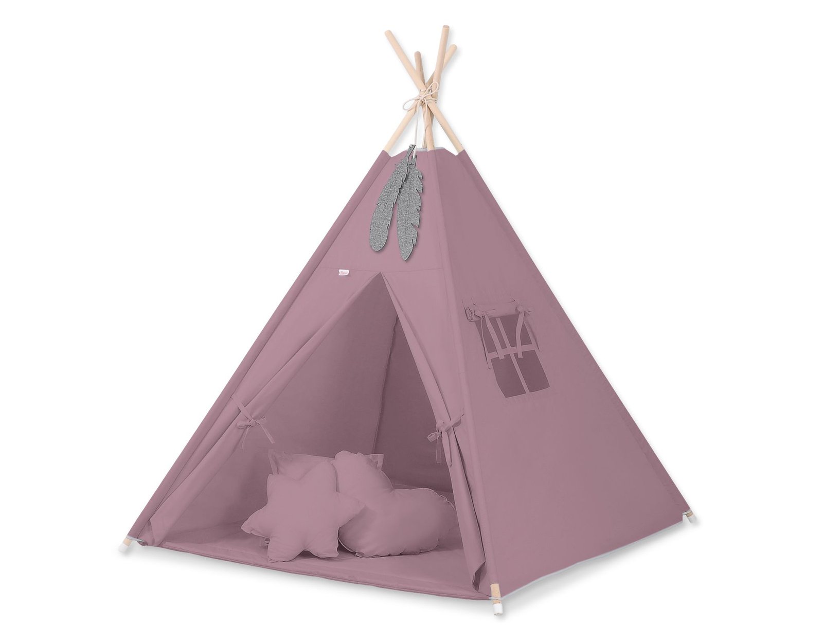 Tipi palapinė vaikams + žaidimo kilimėlis + pagalvėlės + dekoratyvinės plunksnos - pastelinė violetinė