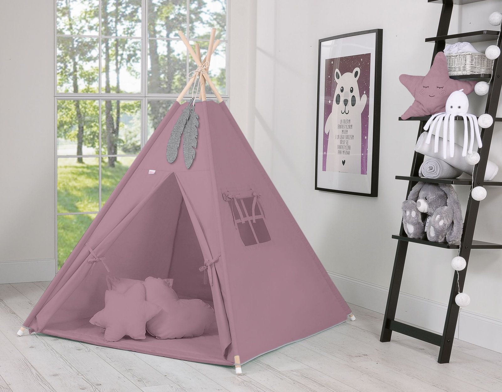 Tipi palapinė vaikams + dekoratyvinės plunksnos - pastelinė violetinė - Image 4