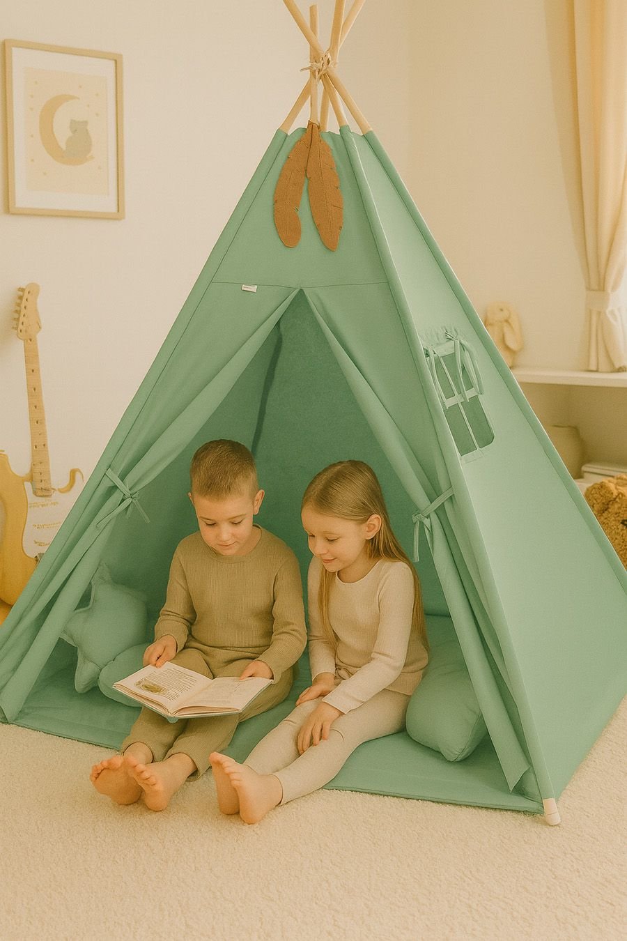 Tipi palapinė vaikams + žaidimo kilimėlis + pagalvėlės + dekoratyvinės plunksnos - pastelinė žalia - Image 4