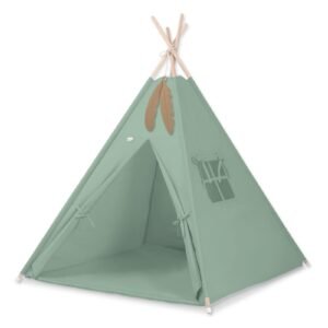 Tipi palapinė vaikams + žaidimo kilimėlis + dekoratyvinės plunksnos - pastelinė žalia