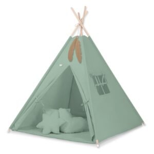 Tipi palapinė vaikams + žaidimo kilimėlis + pagalvėlės + dekoratyvinės plunksnos - pastelinė žalia