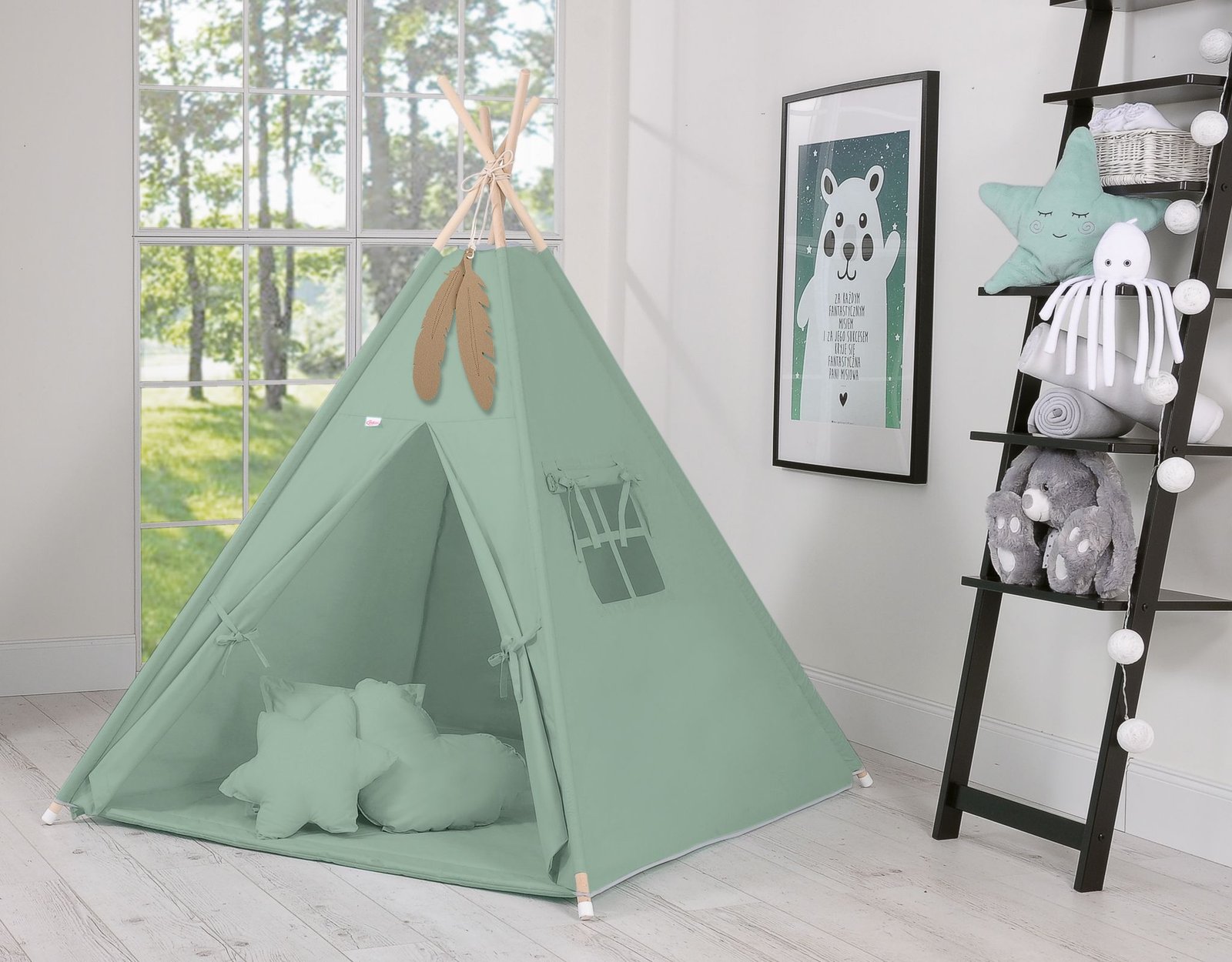 Tipi palapinė vaikams + žaidimo kilimėlis + pagalvėlės + dekoratyvinės plunksnos - pastelinė žalia - Image 6