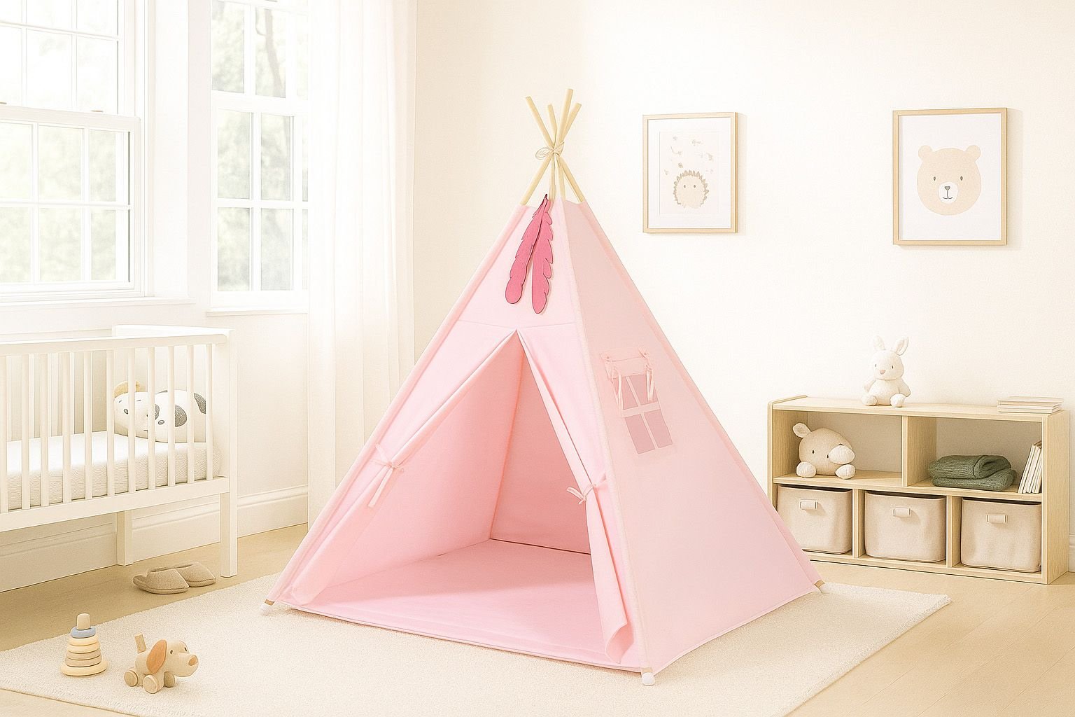 Tipi palapinė vaikams + žaidimo kilimėlis + pagalvėlės + dekoratyvinės plunksnos - rožinė - Image 3