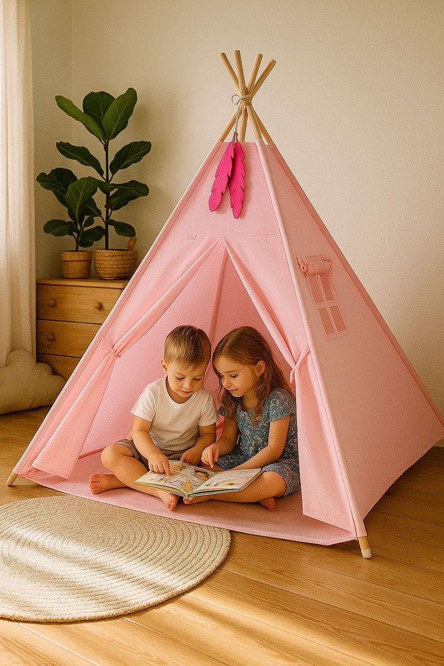 Tipi palapinė vaikams + žaidimo kilimėlis + dekoratyvinės plunksnos - rožinė - Image 4