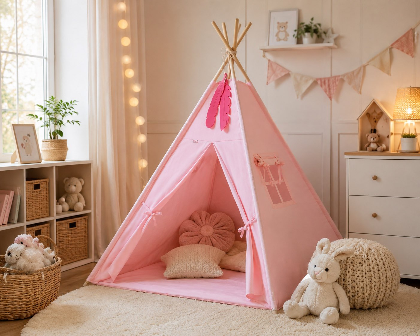 Tipi palapinė vaikams + dekoratyvinės plunksnos - rožinė - Image 2