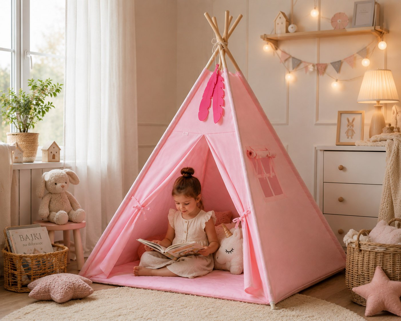 Tipi palapinė vaikams + dekoratyvinės plunksnos - rožinė - Image 3