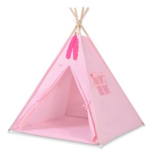 Tipi palapinė vaikams + žaidimo kilimėlis + pagalvėlės + dekoratyvinės plunksnos - rožinė