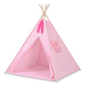 Tipi palapinė vaikams + žaidimo kilimėlis + dekoratyvinės plunksnos - rožinė