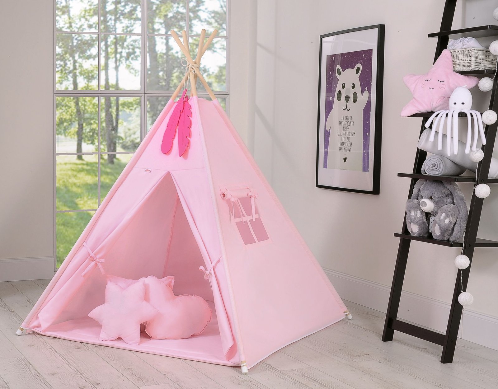 Tipi palapinė vaikams + žaidimo kilimėlis + dekoratyvinės plunksnos - rožinė - Image 6