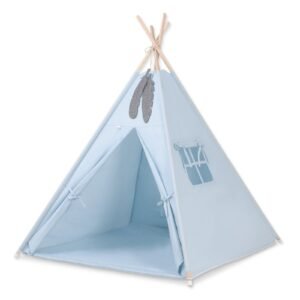 Tipi palapinė vaikams + žaidimo kilimėlis + dekoratyvinės plunksnos - mėlyna