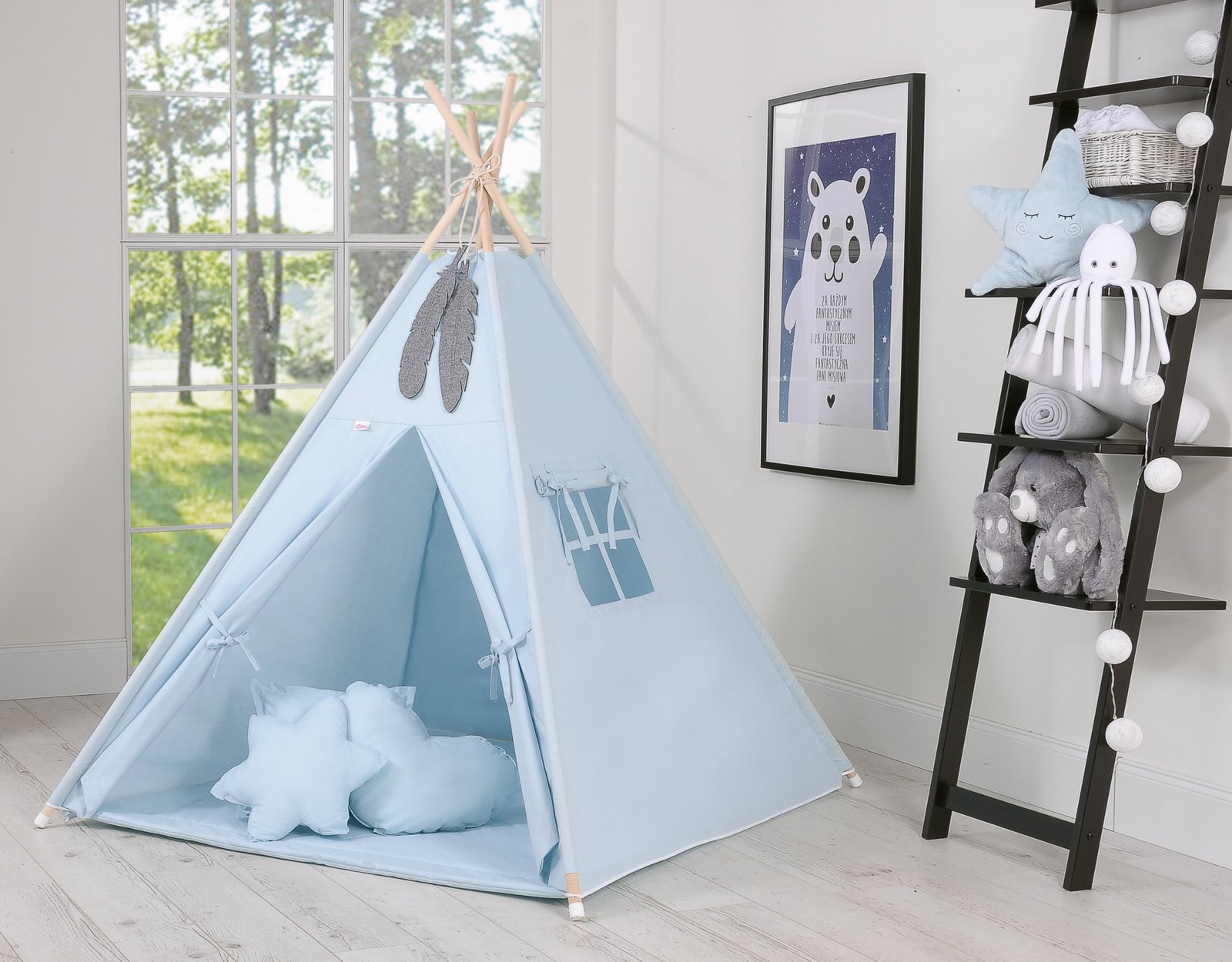 Tipi palapinė vaikams + žaidimo kilimėlis + pagalvėlės + dekoratyvinės plunksnos - mėlyna - Image 6