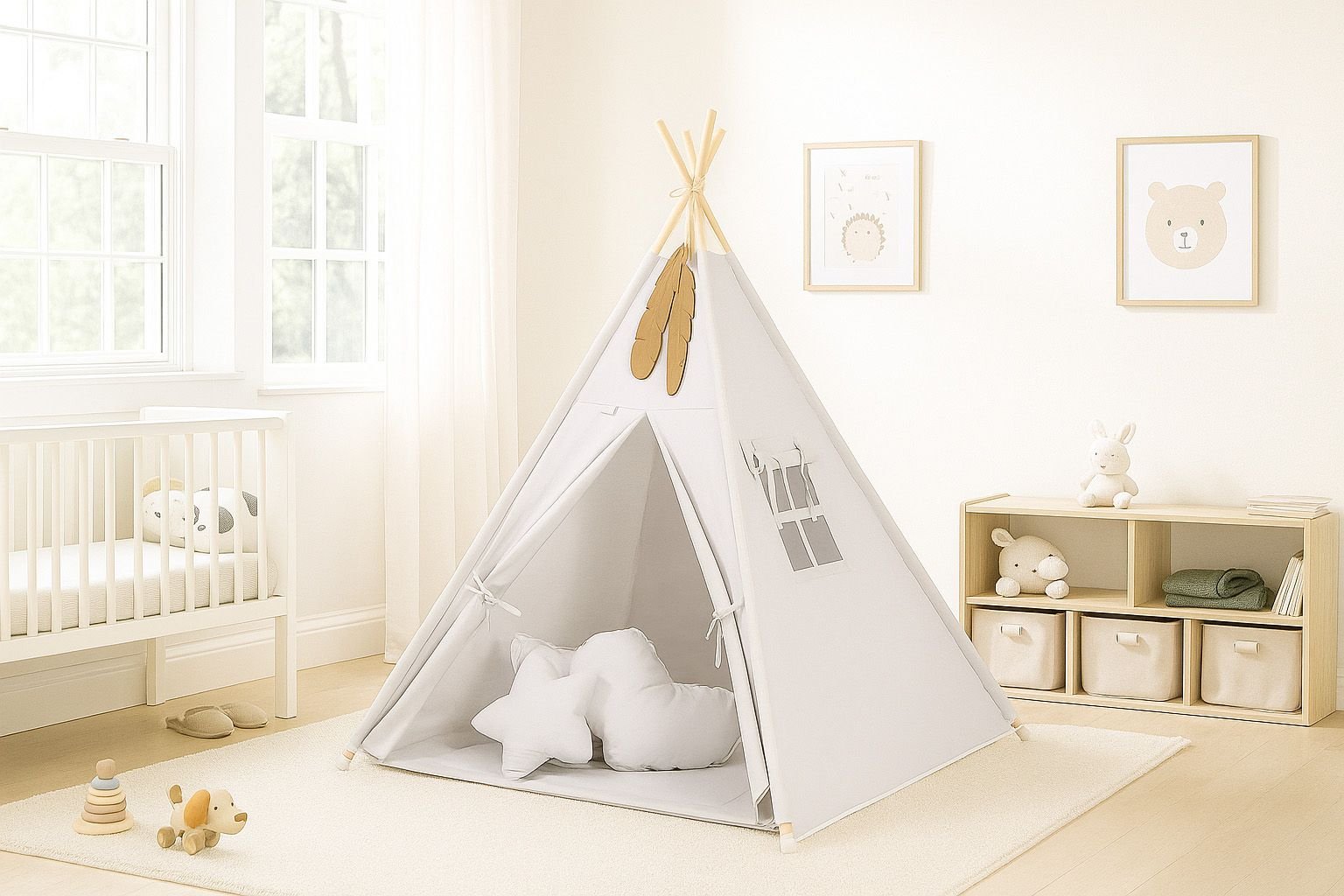 Tipi palapinė vaikams + žaidimo kilimėlis + pagalvėlės + dekoratyvinės plunksnos - pilka - Image 3