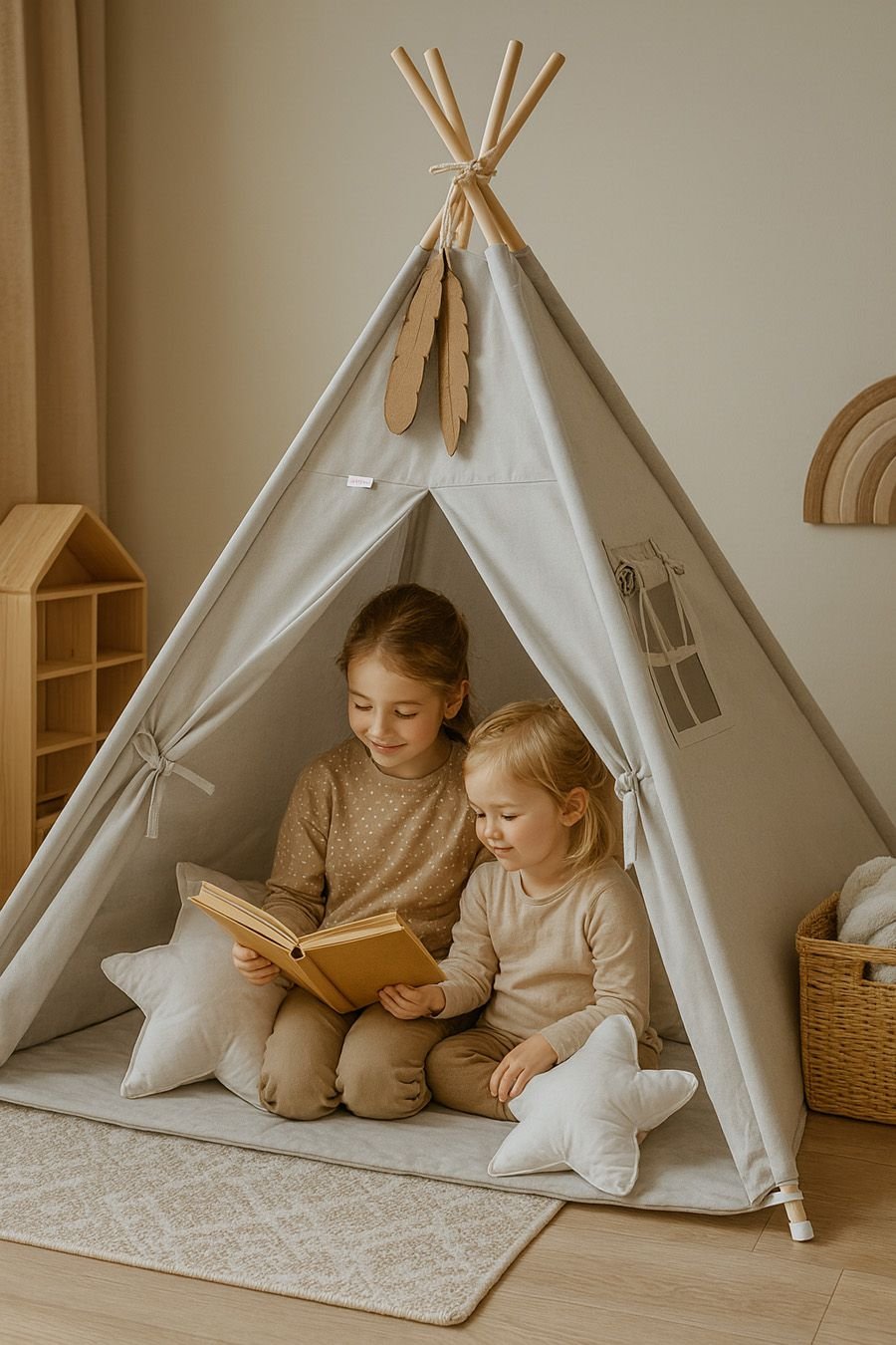 Tipi palapinė vaikams + žaidimo kilimėlis + pagalvėlės + dekoratyvinės plunksnos - pilka - Image 4