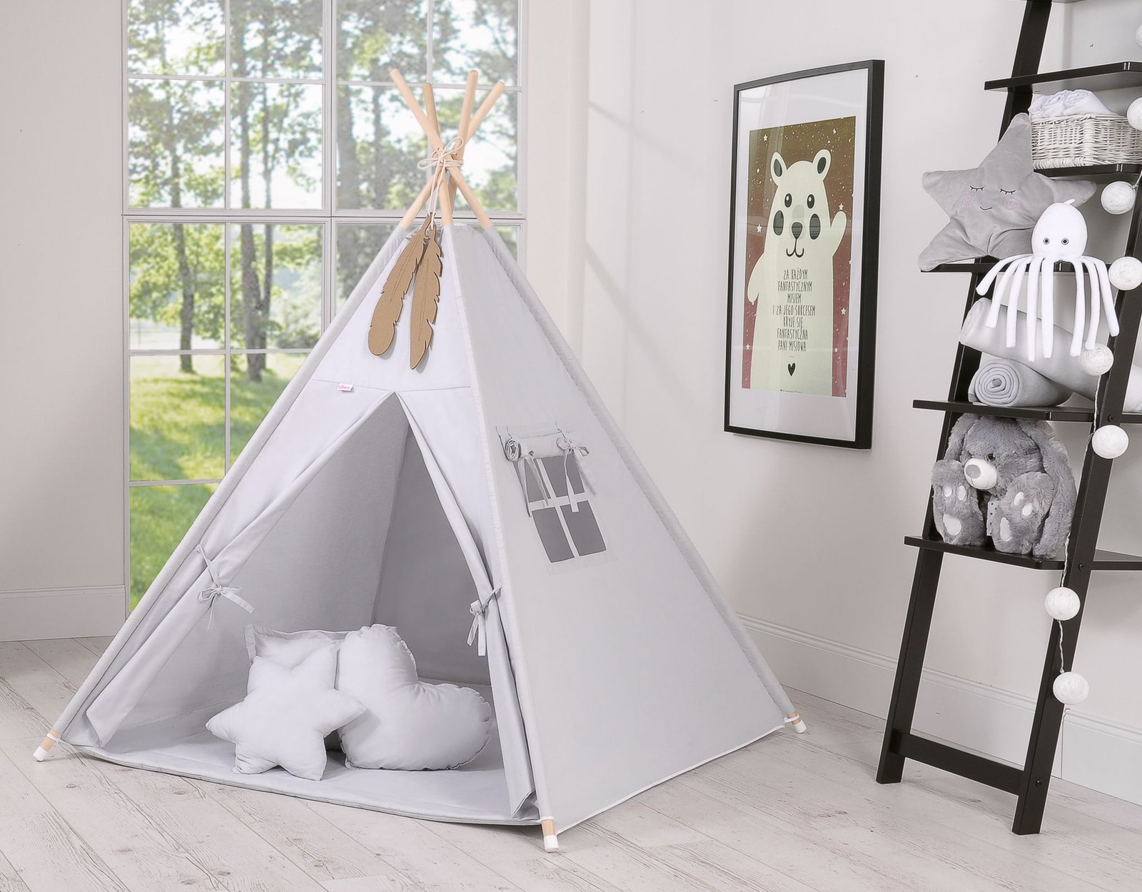 Tipi palapinė vaikams + dekoratyvinės plunksnos - pilka - Image 3