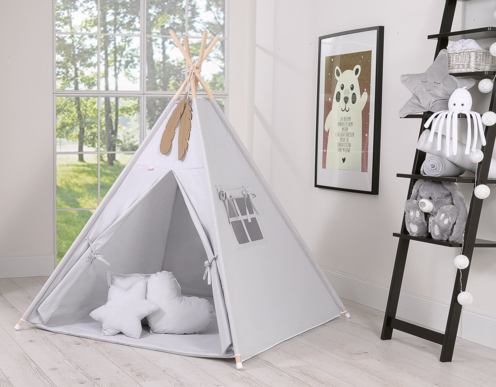 Tipi palapinė vaikams + žaidimo kilimėlis + pagalvėlės + dekoratyvinės plunksnos - pilka - Image 6