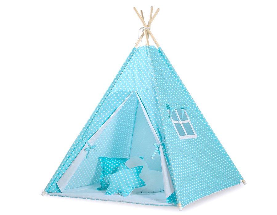 Tipi palapinė vaikams + dekoratyvinės plunksnos - balti taškeliai turkio fone - Image 3