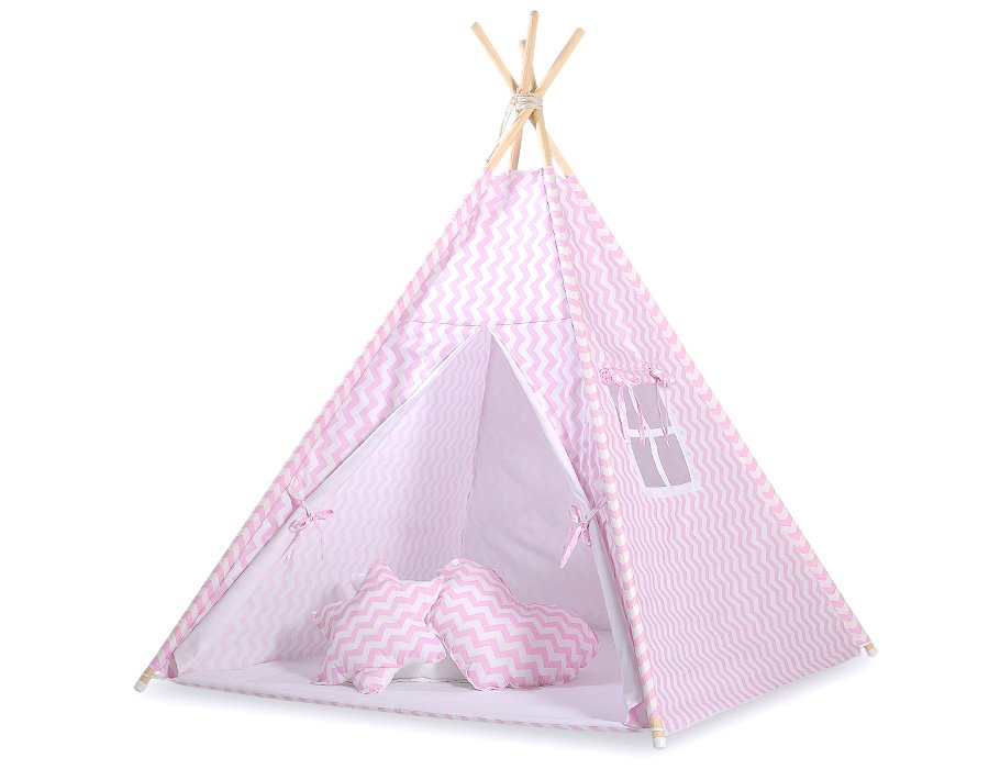 Tipi palapinė vaikams + žaidimo kilimėlis + dekoratyvinės plunksnos - Chevron rožinė - Image 5
