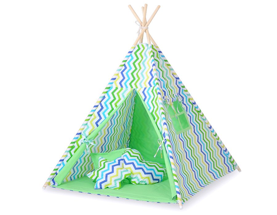 Tipi palapinė vaikams + dekoratyvinės plunksnos - Chevron žalsvai mėlyna - Image 3