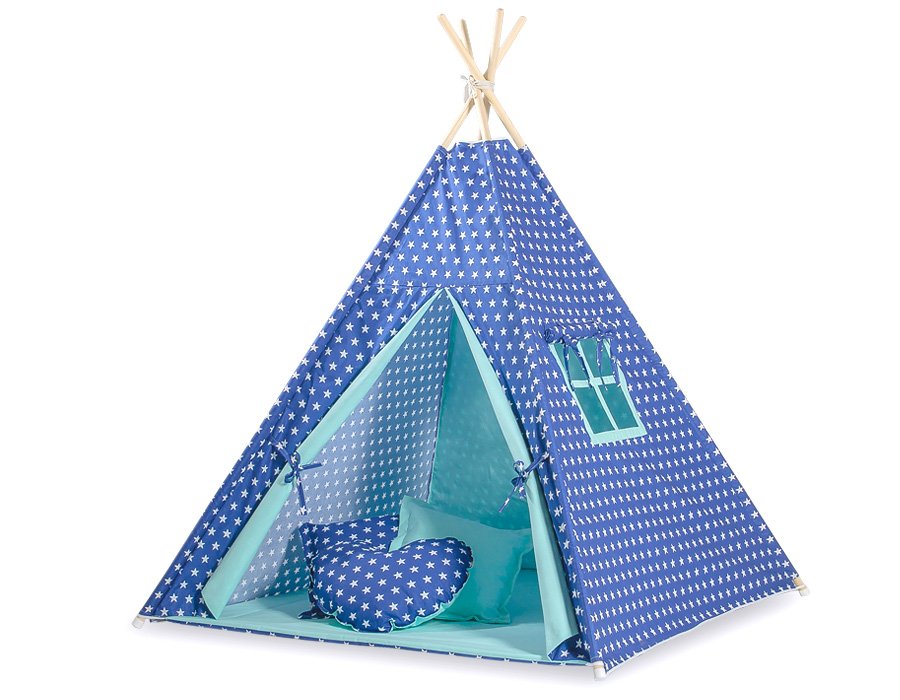 Tipi palapinė vaikams + dekoratyvinės plunksnos - tamsiai mėlynos žvaigždutės - Image 3