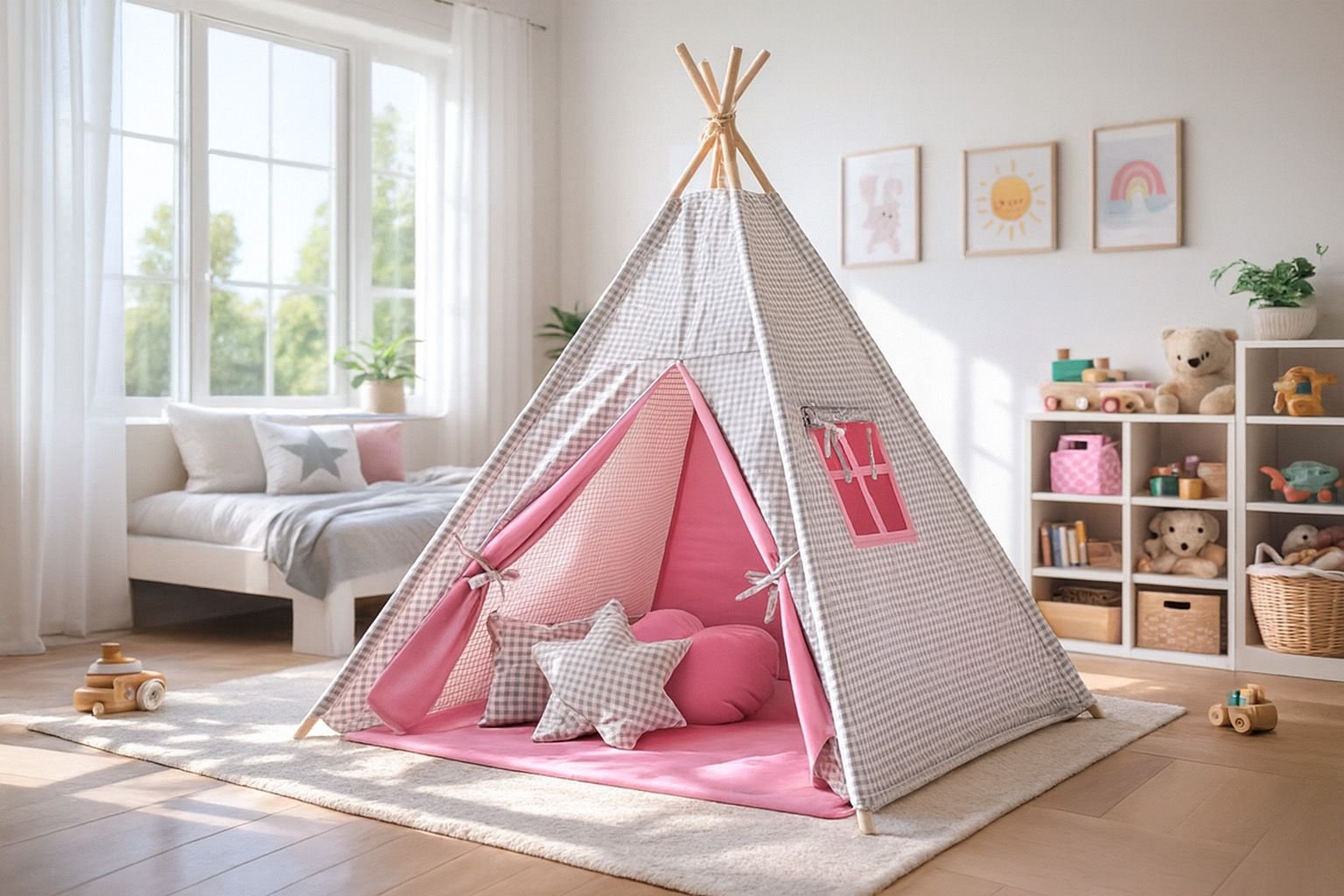 Tipi palapinė vaikams + dekoratyvinės plunksnos - pilki languoti - rožinė - Image 2