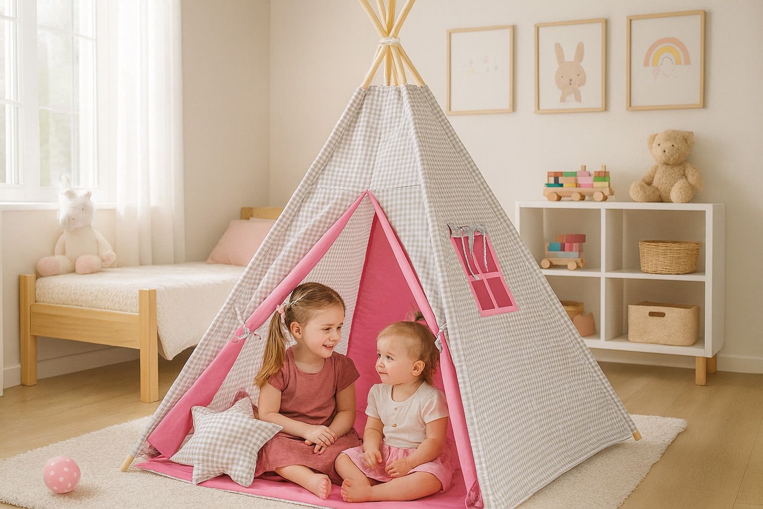 Tipi palapinė vaikams + žaidimo kilimėlis + dekoratyvinės plunksnos - pilki languoti-rožinė - Image 4